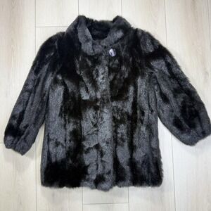 VTG Jordache Dark Brown Faux Mink Fur Coat Jacket Made‎ in USA Plush Lined 80s L